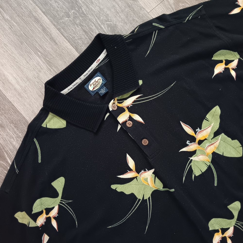 Tommy Bahama Black and Green Floral Polo Shirt Men's XL 100% Cotton